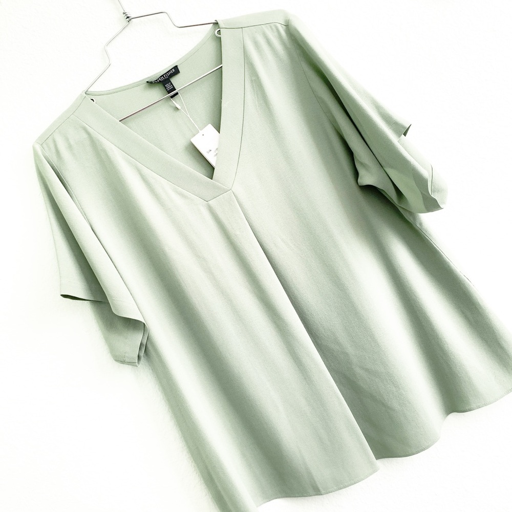 EILEEN FISHER petite medium / small Sea green Silk blouse short sleeve top NWT